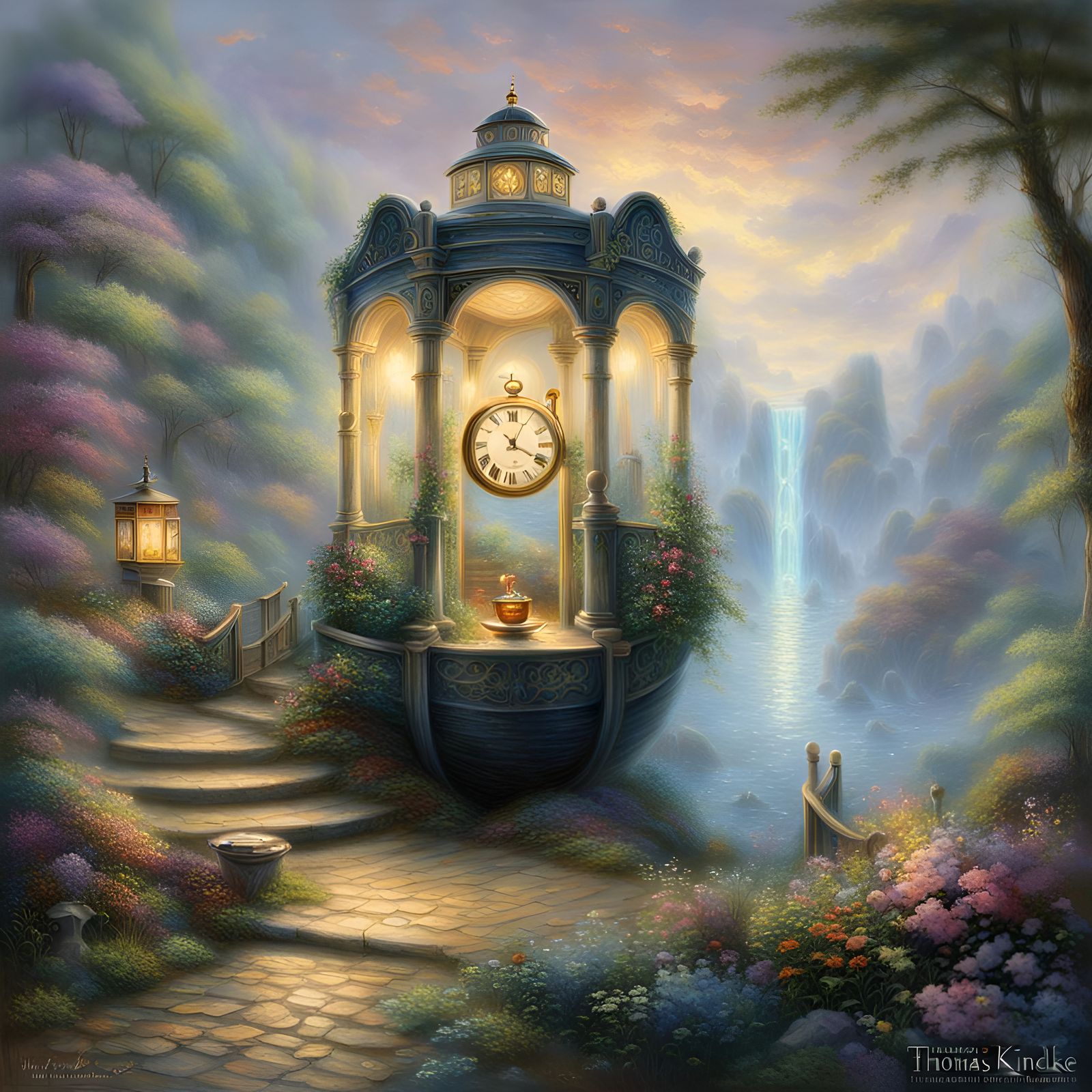 Ethereal Fantasy Time Container in Kinkade Style