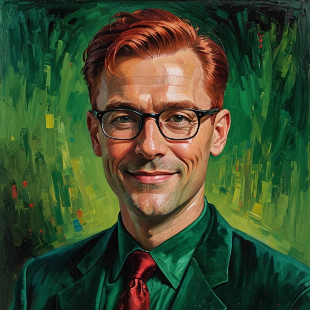 Smiling Man in Green Velvet Suit as Impasto Painting