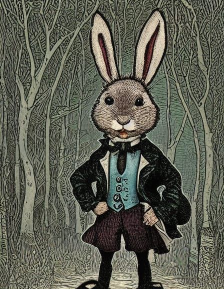 Victorian Rabbit in Moonlit Forest, Alcohol Ink Style