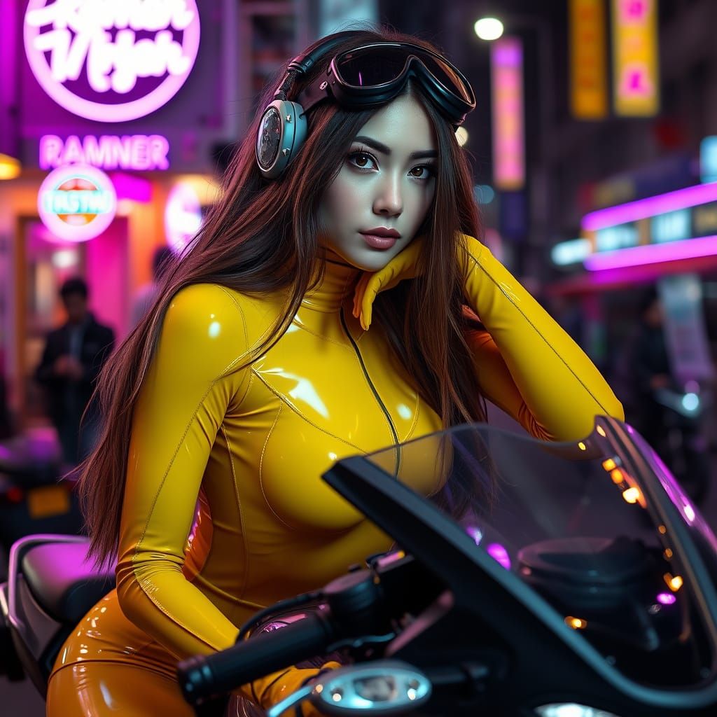 Woman in Catsuit with Motorbike at Night