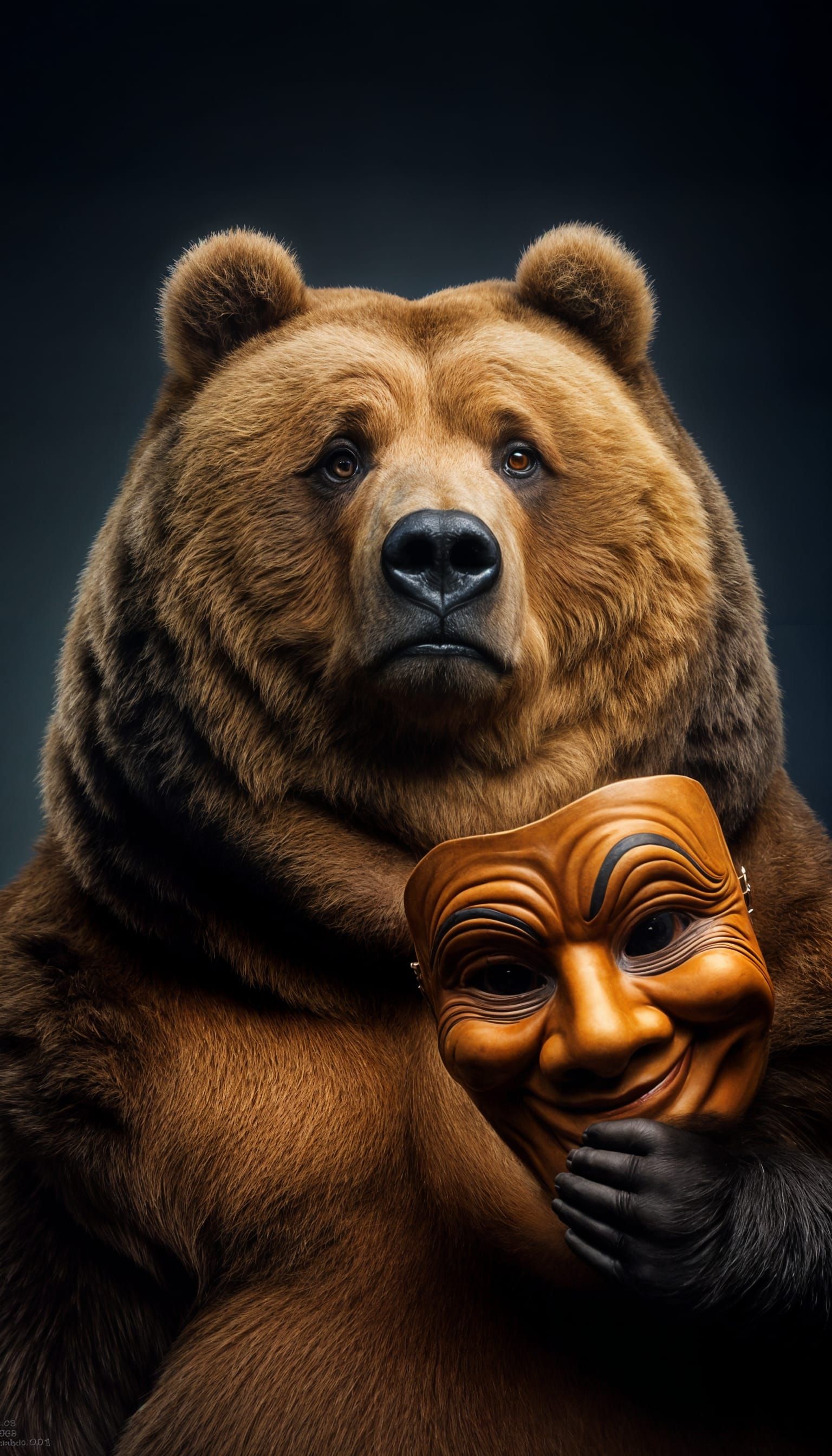 Sarcastic Grizzly Bear Holding Mask in Studio Portrait