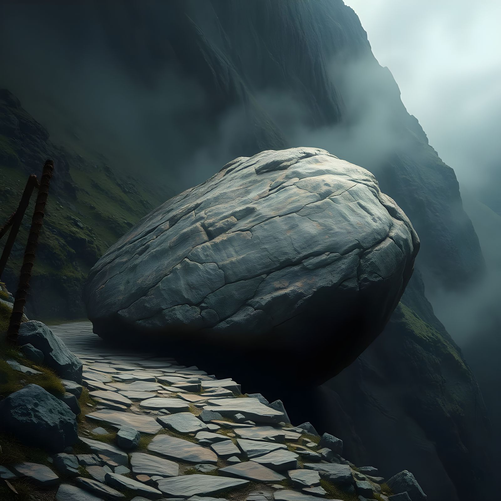 Dramatic Boulder Obstructs Misty Mountain Path