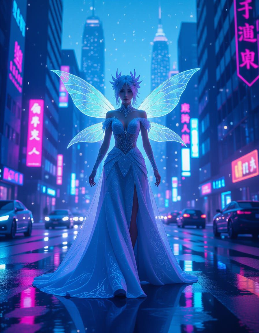 Ice Fairy in Neon Cityscape, Synthwave Style