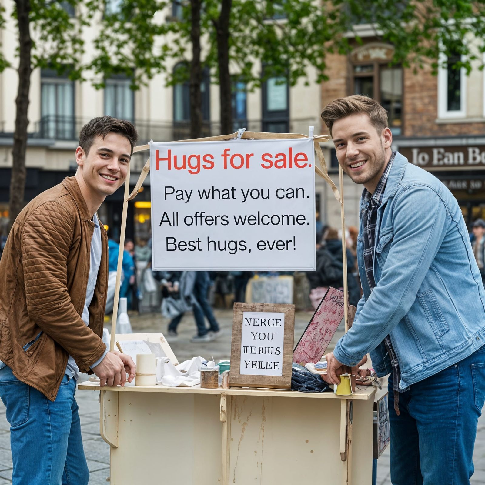 Handsome Men Offer Free Hugs in Public Square