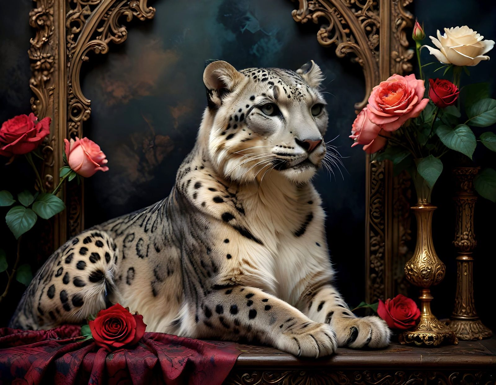 Snow Leopard and Roses in Dark Romance Collage Style