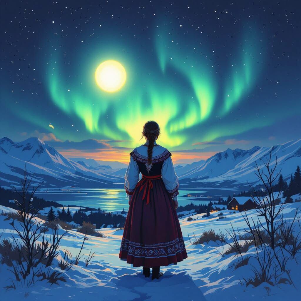 Norwegian Woman Between Midnight Sun and Aurora