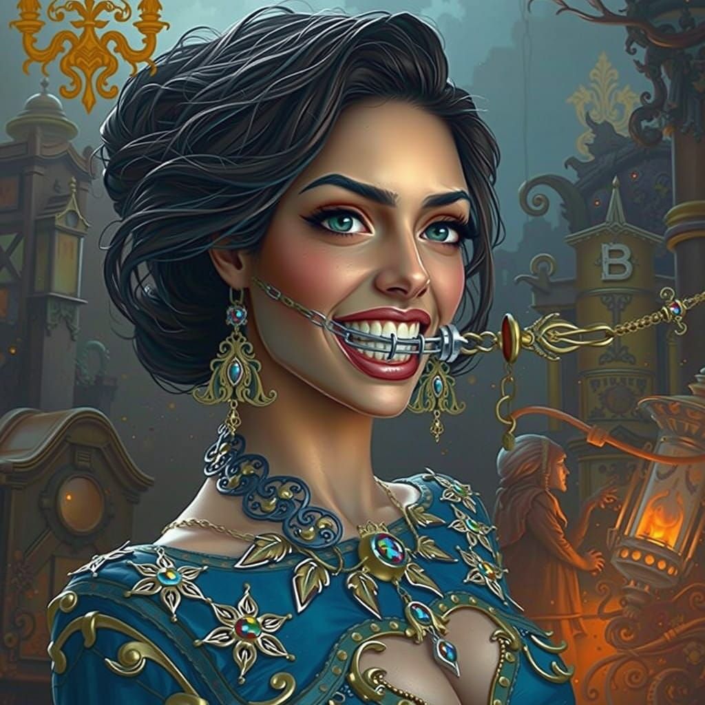 Surreal Woman Holds Ornate Metal Gag with Determined Anguish