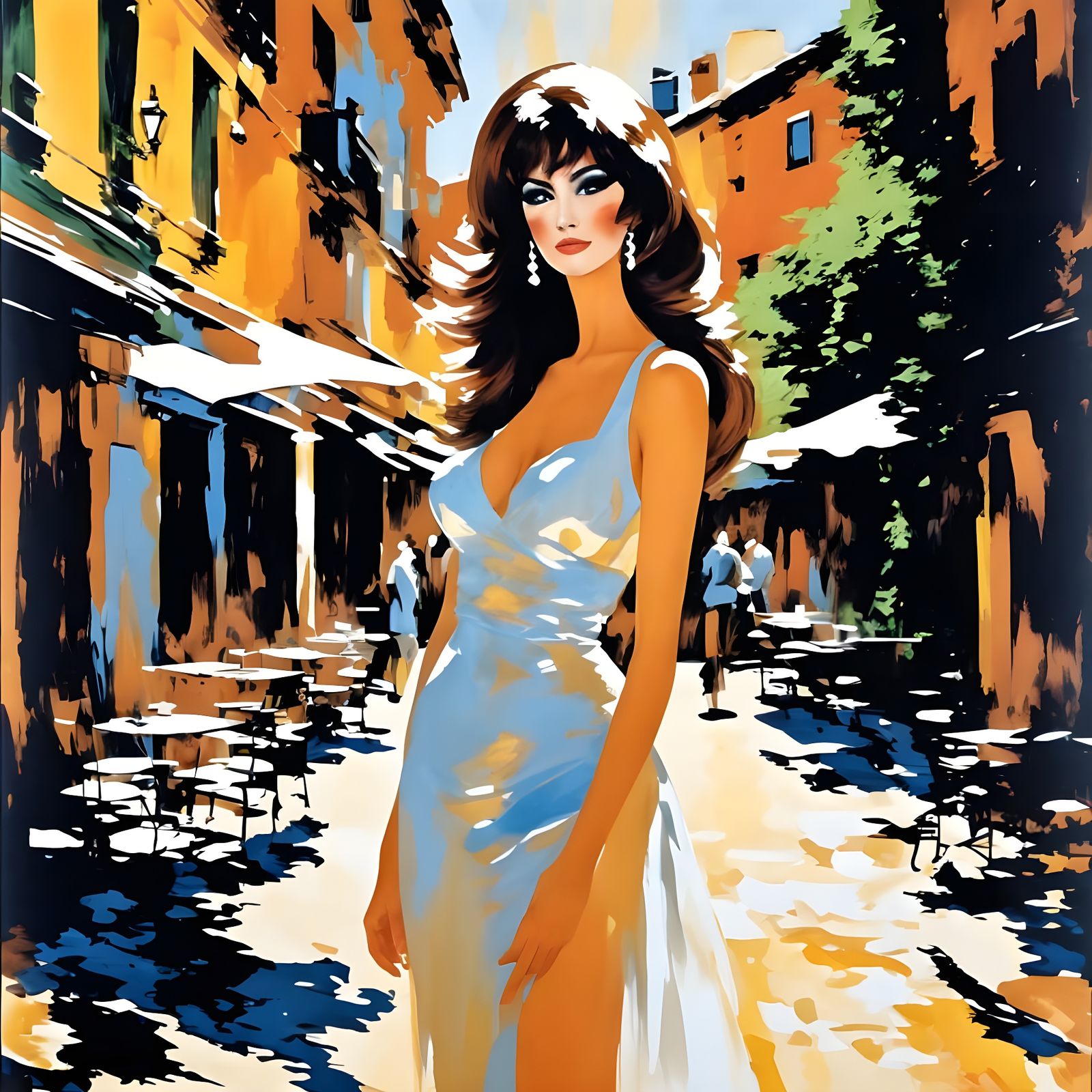 Abstract Impasto Painting of Woman in Italian Village