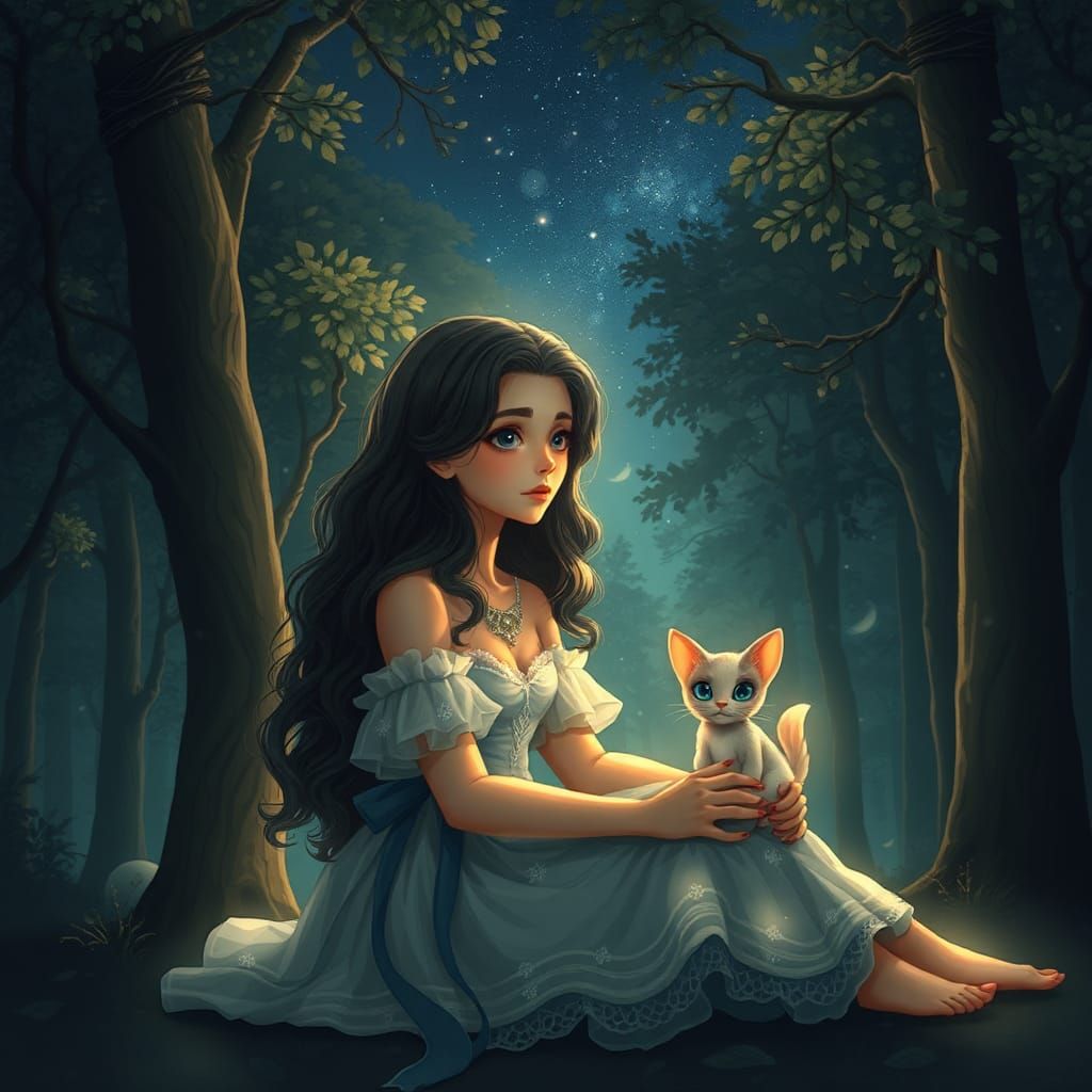 Ethereal Girl and Kitten in Magical Forest