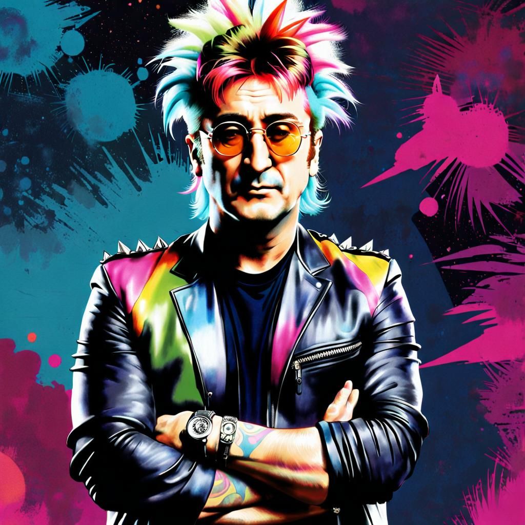 Art Style of Paul Lovering, Ink Wash Style, Abstract, Mixed Media, John Lennon Explores Punk in 1985