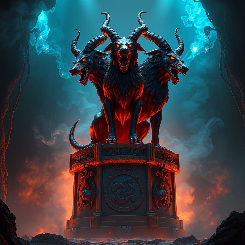 Majestic Cerberus on Ancient, Gritty Stone Pedestal