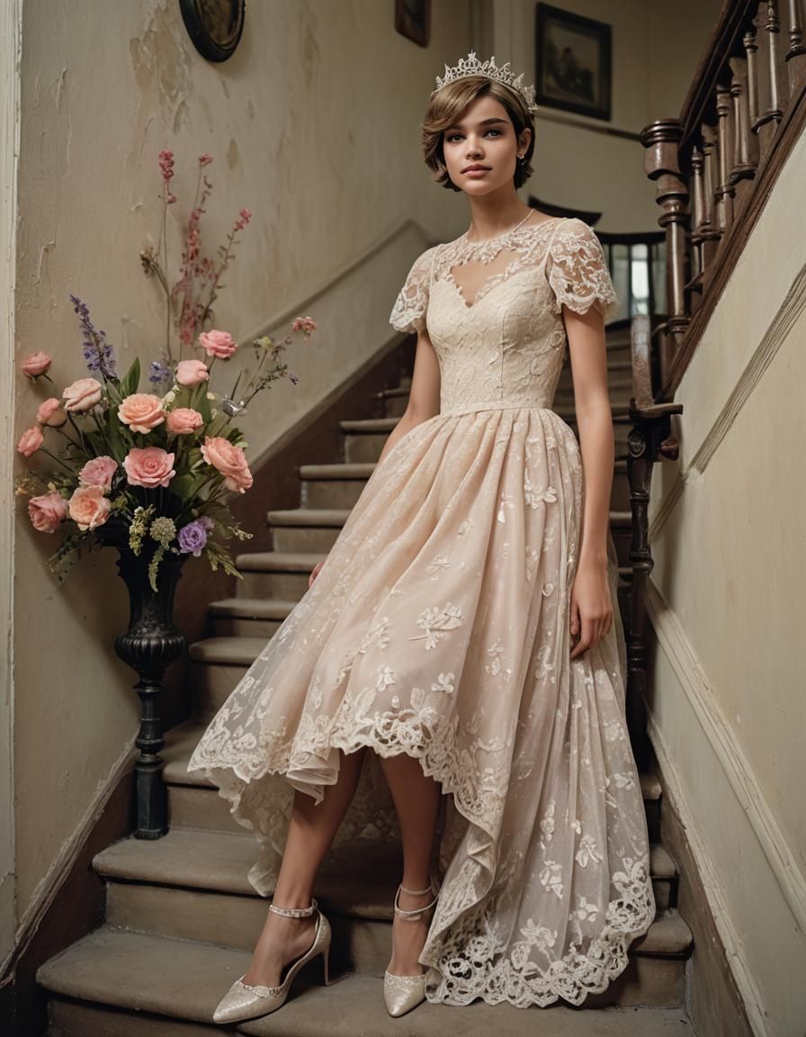 Young Man in Lace Dress Descending Stairs