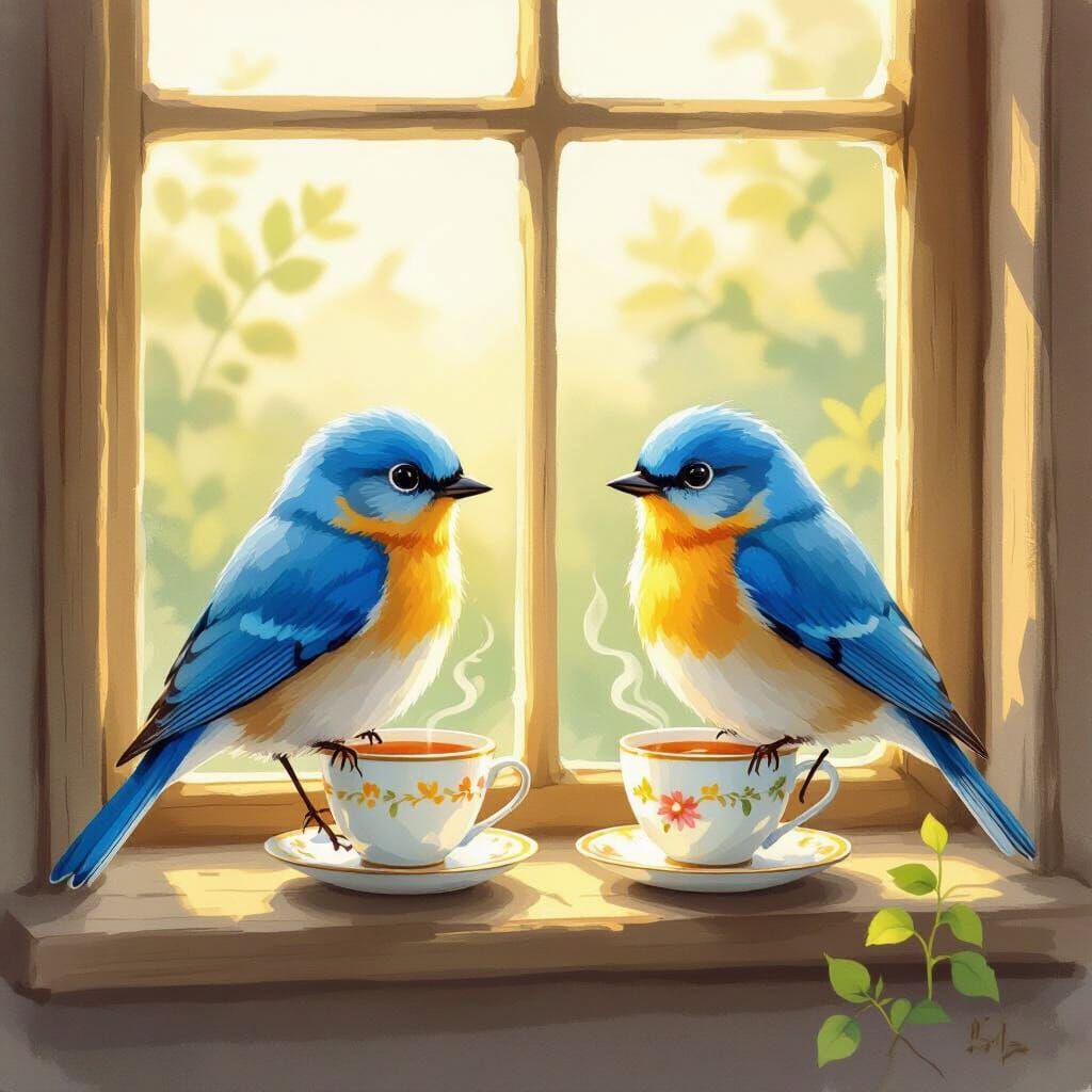 Bluebirds Enjoying Tea on a Sunlit Windowsill