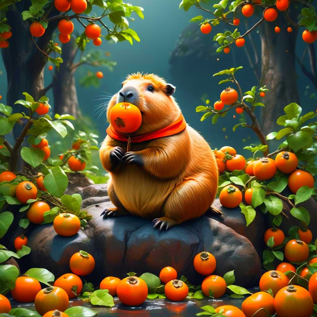 Whimsical Capybara on Persimmon, Detailed Fantasy Art
