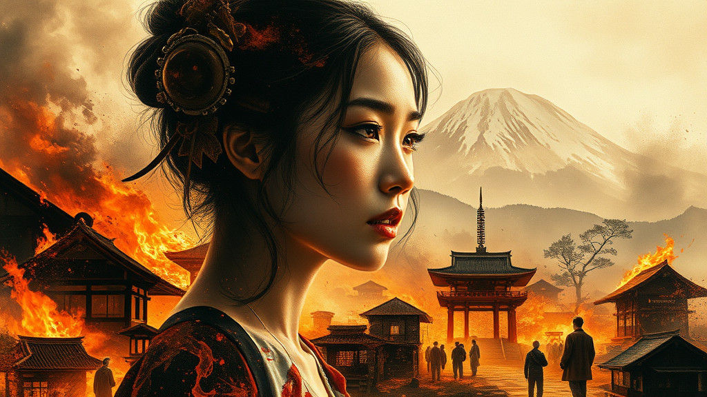 Burning Village Portrait in Manga Art Style