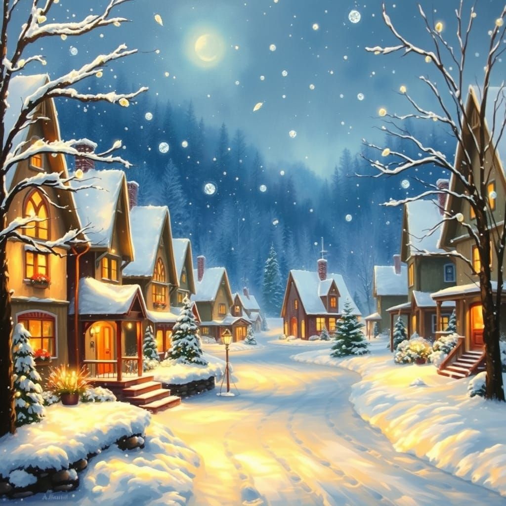 Serene Winter Village Glowing With Fairy Lights Oil Painting