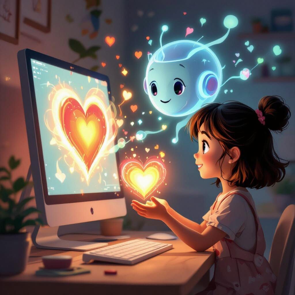 Girl Offers Heart to AI Light as Connection