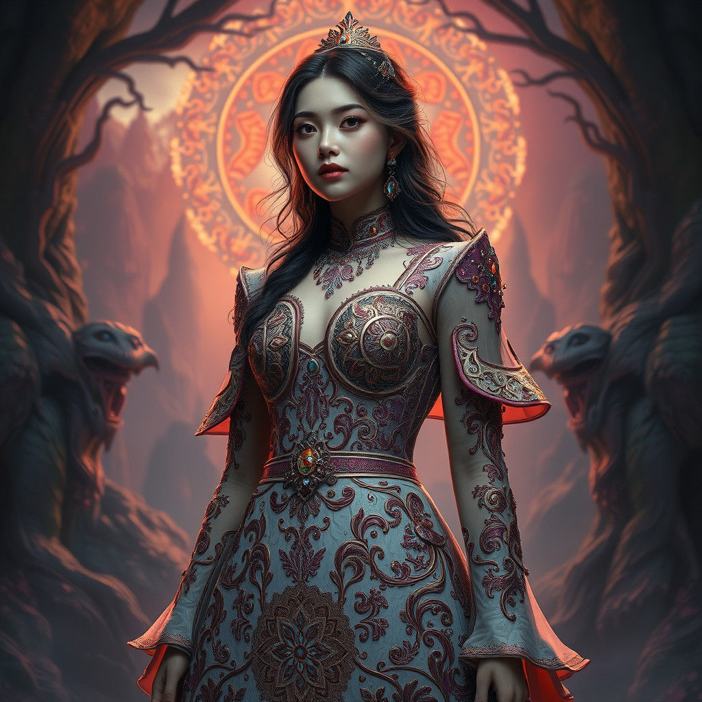 Ornate Fantasy Woman in Dreamlike Landscape