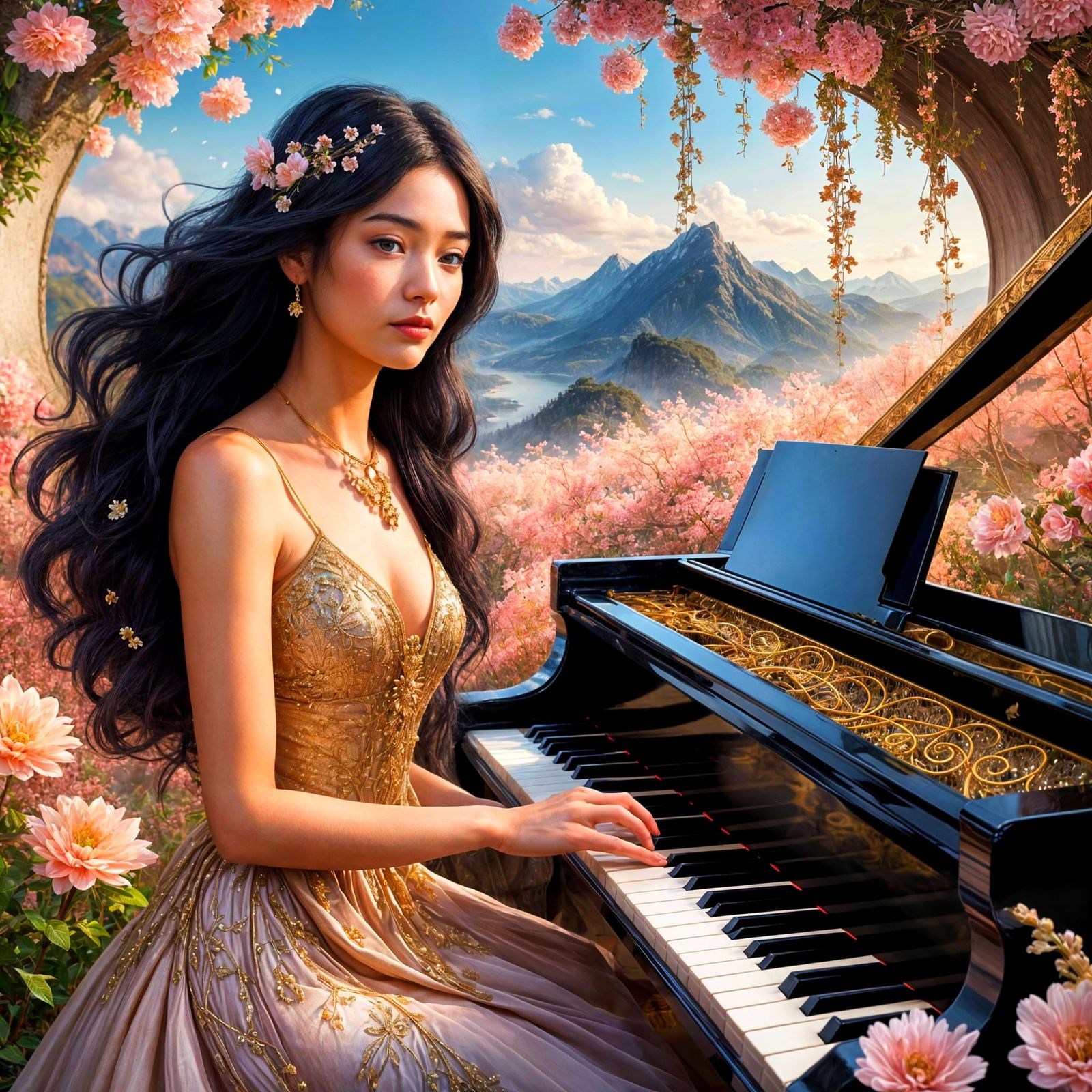 Fantasy Woman at Piano in Dreamy Landscape
