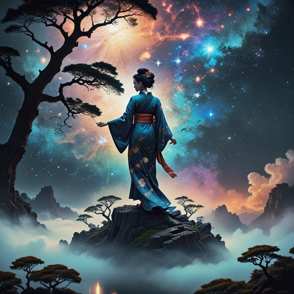 Geisha on Floating Island in Nebula, Vintage Poster Art