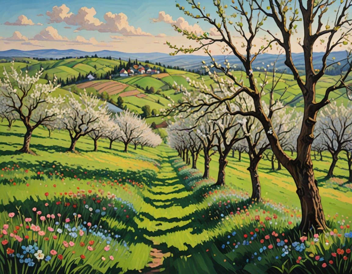 Springtime Blooming Apple Orchard in Impressionistic Style