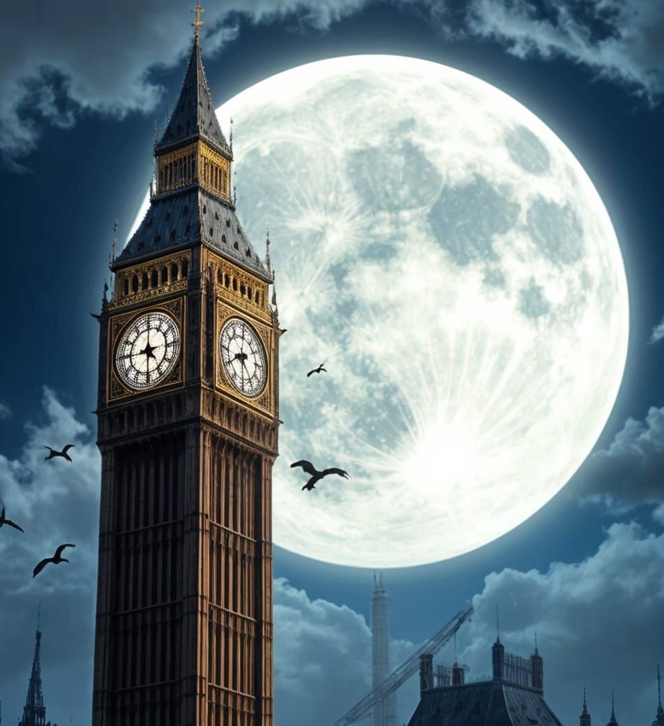 Big Ben Silhouetted by a Giant Full Moon