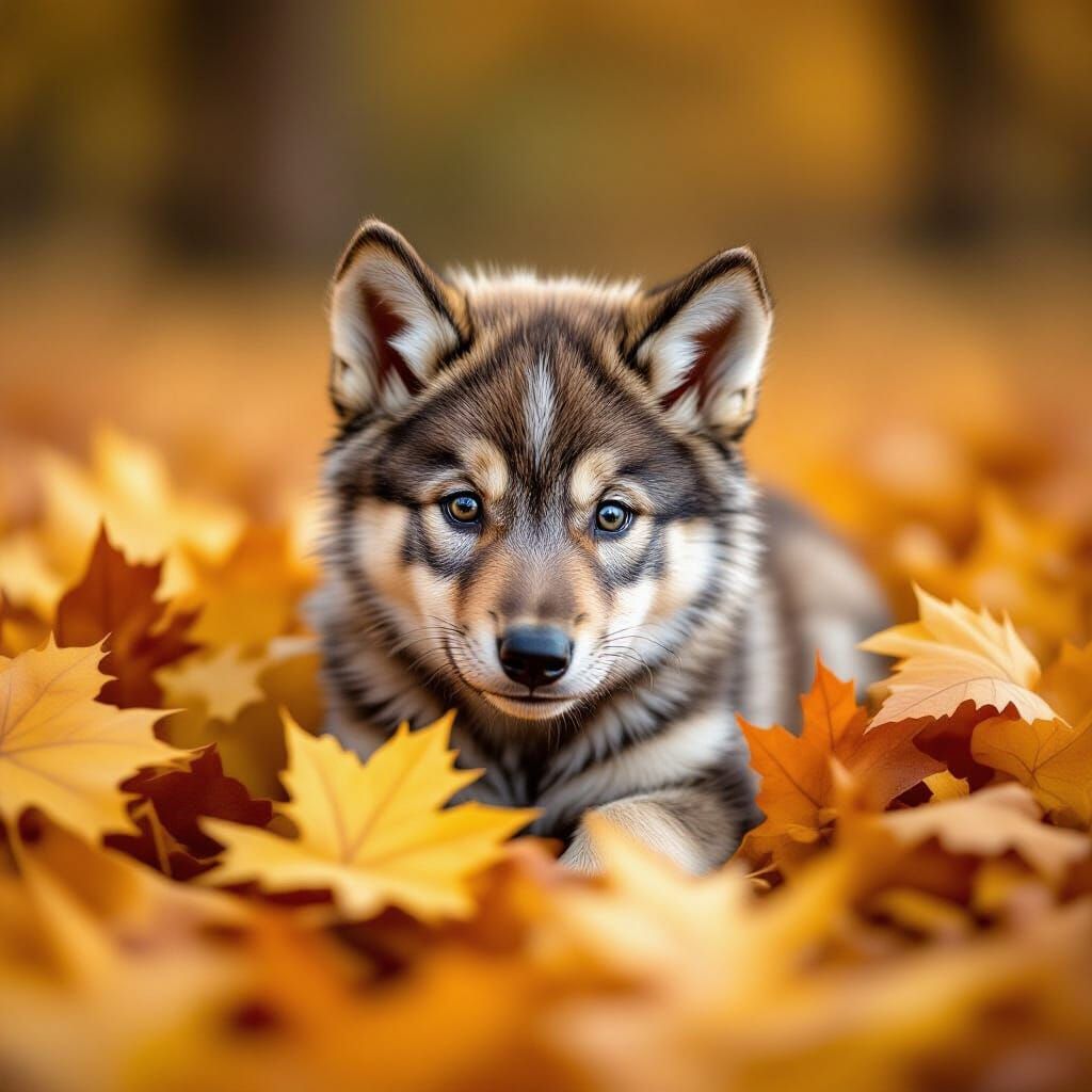 Adorable Wolf Puppy in Autumn Leaves - DSLR Photo