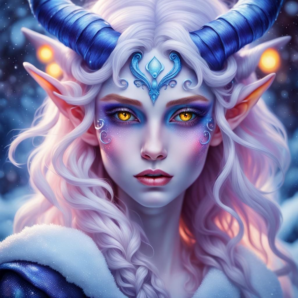 Enchanting Snow Tiefling Portrait in Ethereal Winter