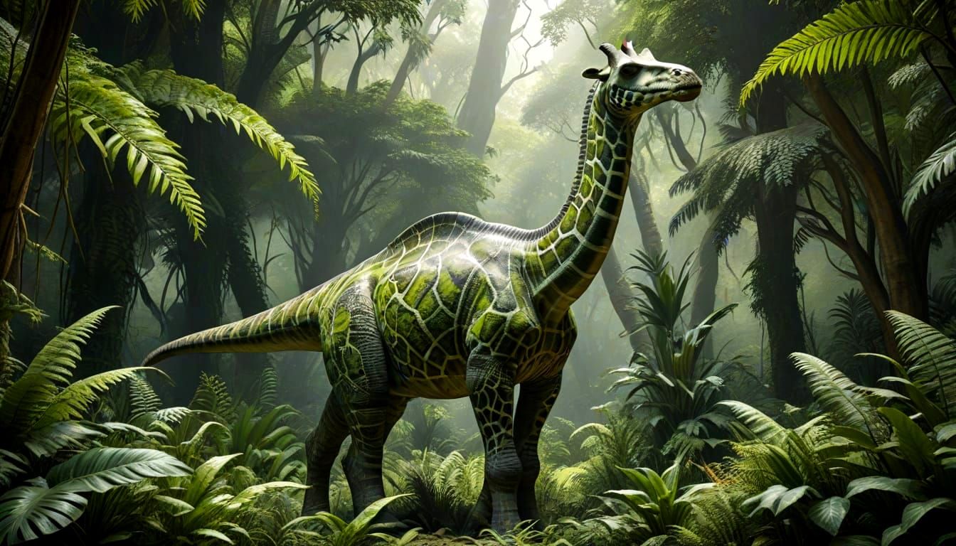 Prehistoric Giant with Giraffe Hides in Verdant Forest