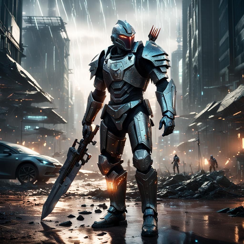Epic Cyberpunk Warrior Defies Battlefield Storm