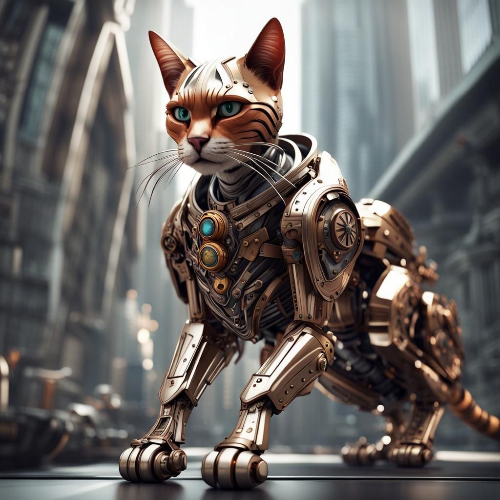 Futuristic Cat Monarch in Sci-Fi Cityscape
