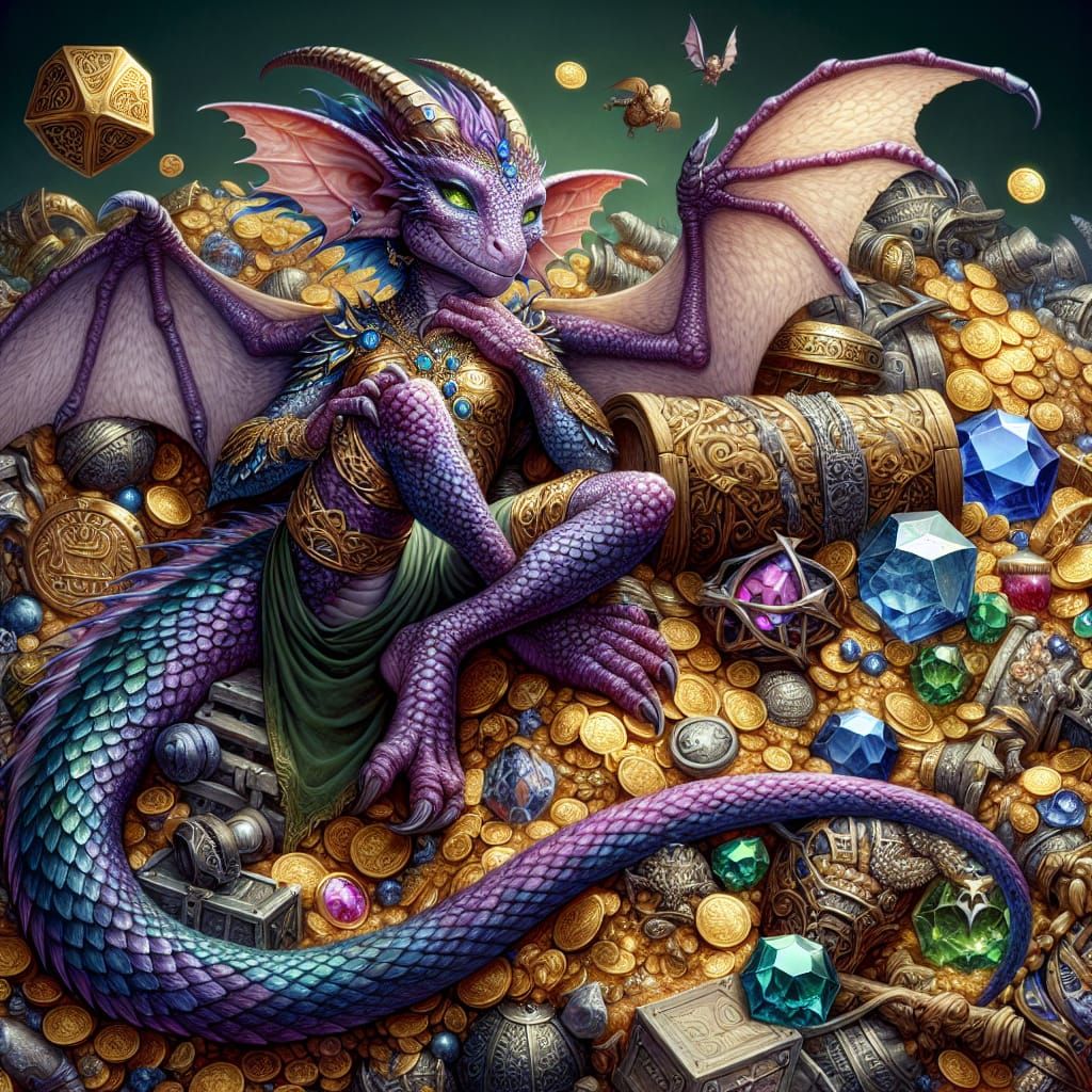 Amethyst Kobold on Treasure Hoard in Fantasy Art