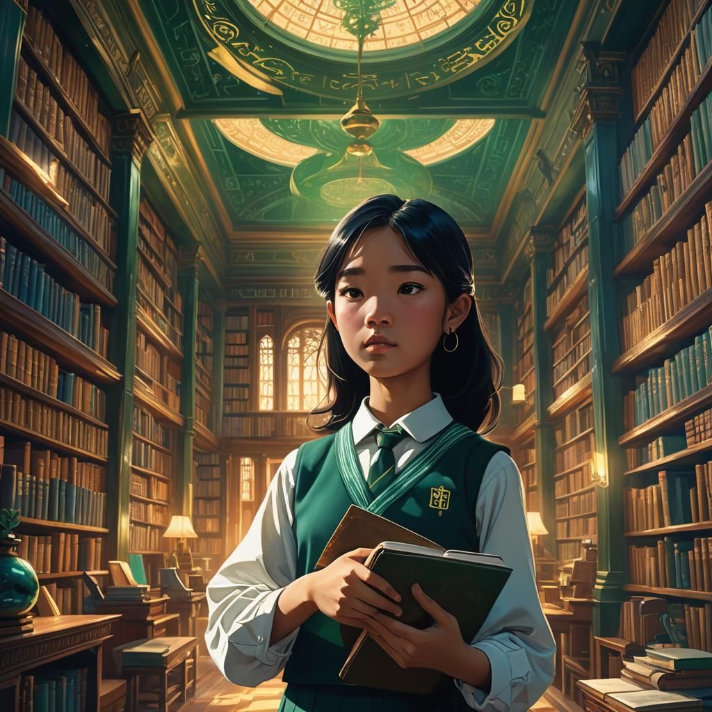 Mystical Library Portrait in Dreamlike Fantasy Style