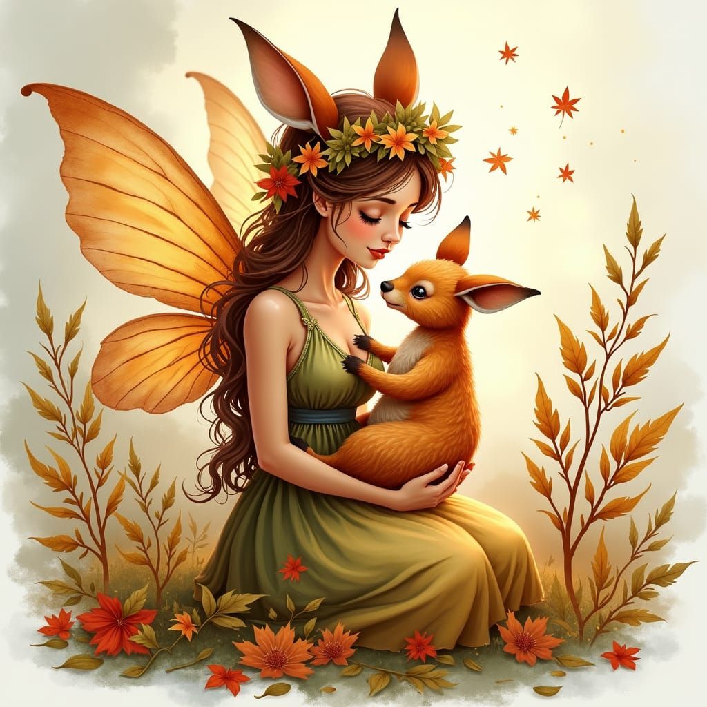 Autumn Fairy with Baby Kangaroo in Watercolor Style