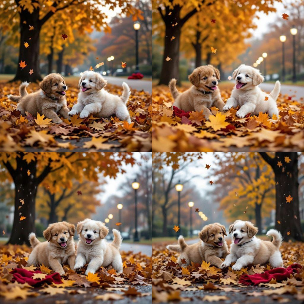 Puppies Playing in Autumn Leaves