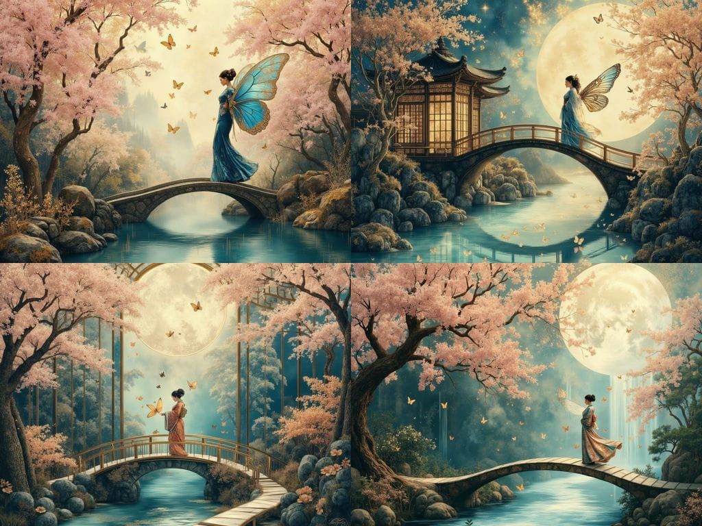 Butterfly Woman on Kintsugi Bridge in Zen Garden