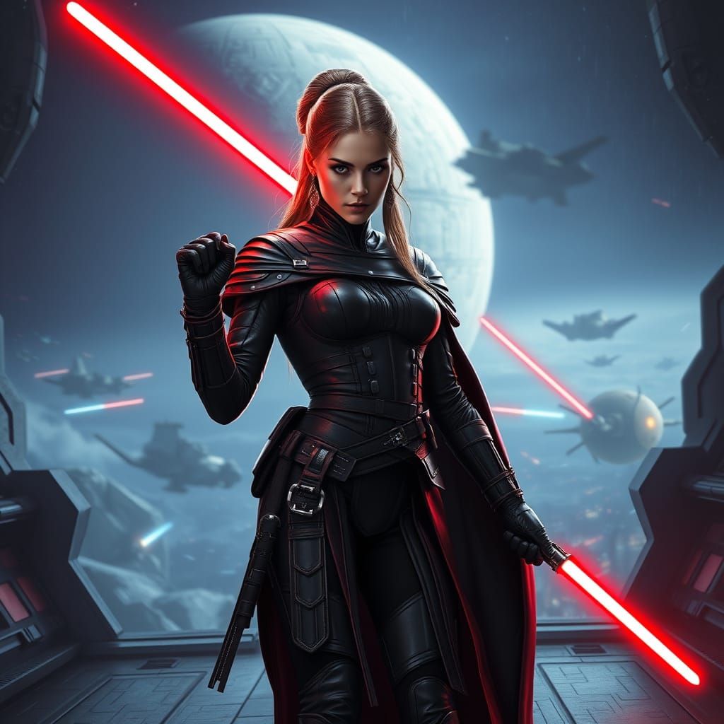 Majestic Sith Warrior Stands on Dead Star's Edge, Crimson Li...