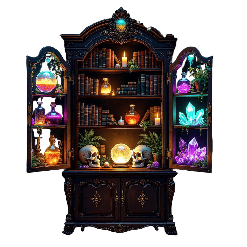 Enchanted Bookshelf with Glowing Tomes and Potions