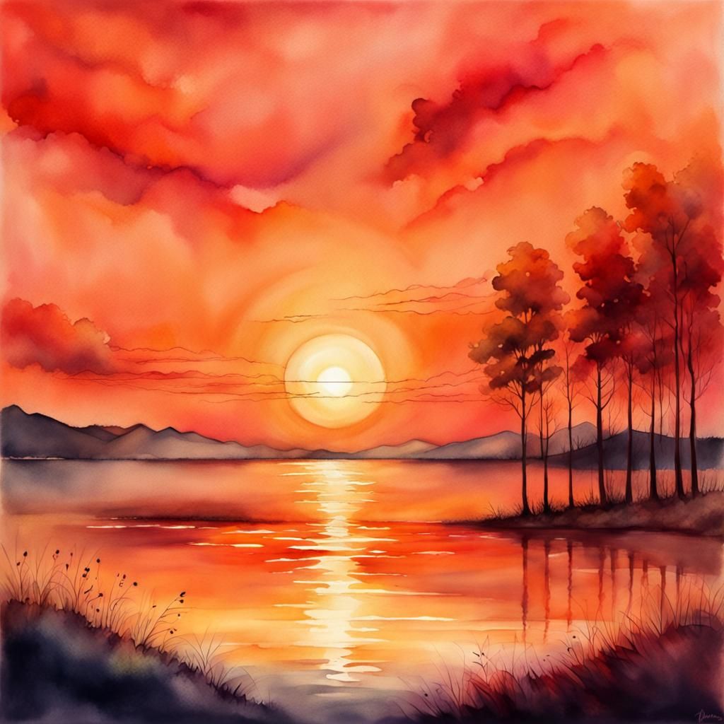 Warm Summer Sunset in Watercolor Painting