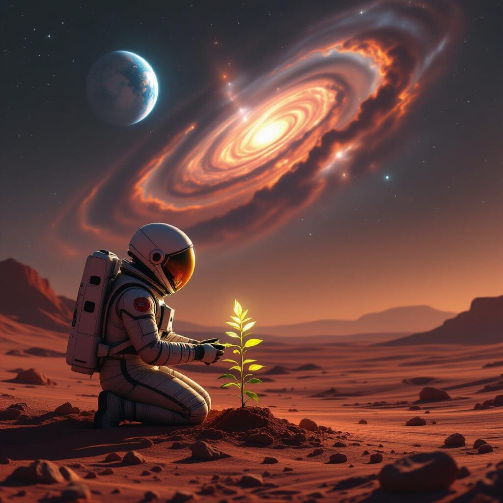 Astronaut Tends Glowing Plant on Mars with Cosmic Sky