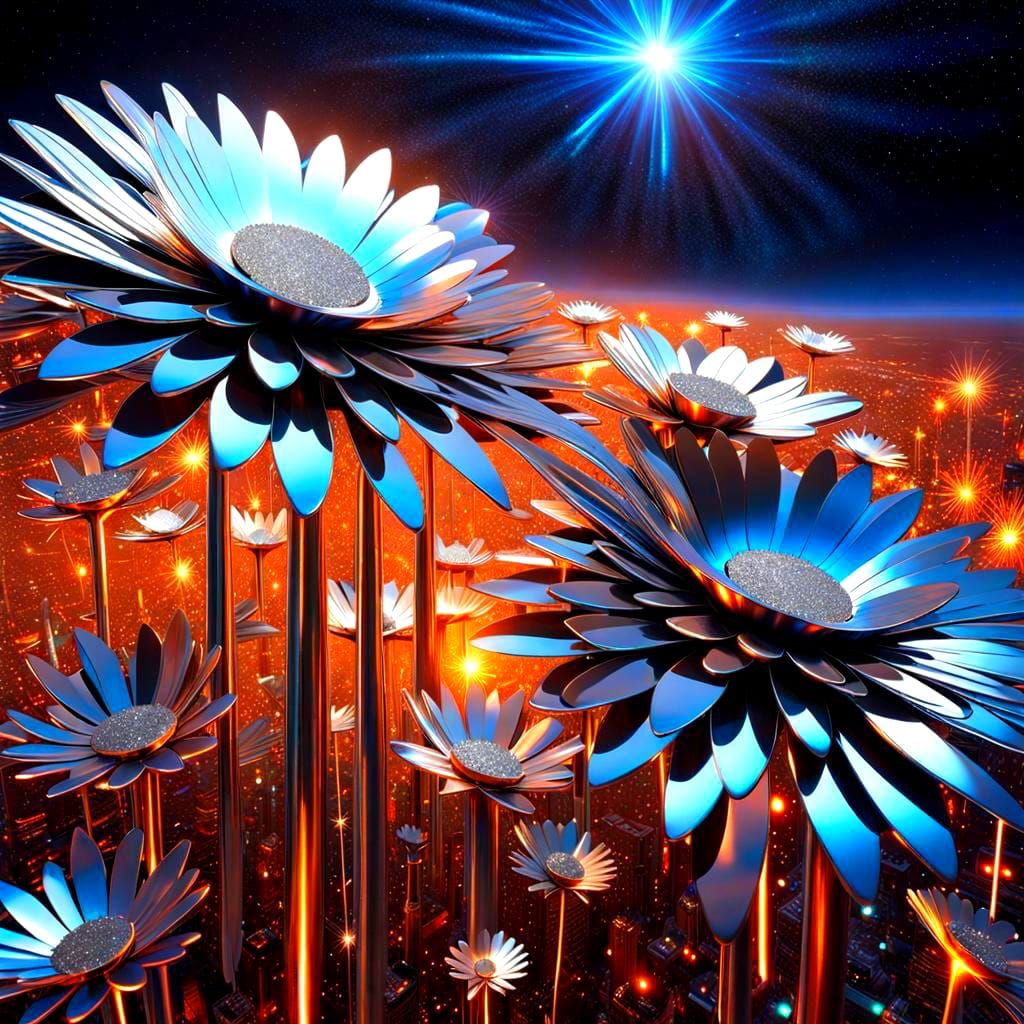 Reflective Metal Daisies in Sparkling Space Field