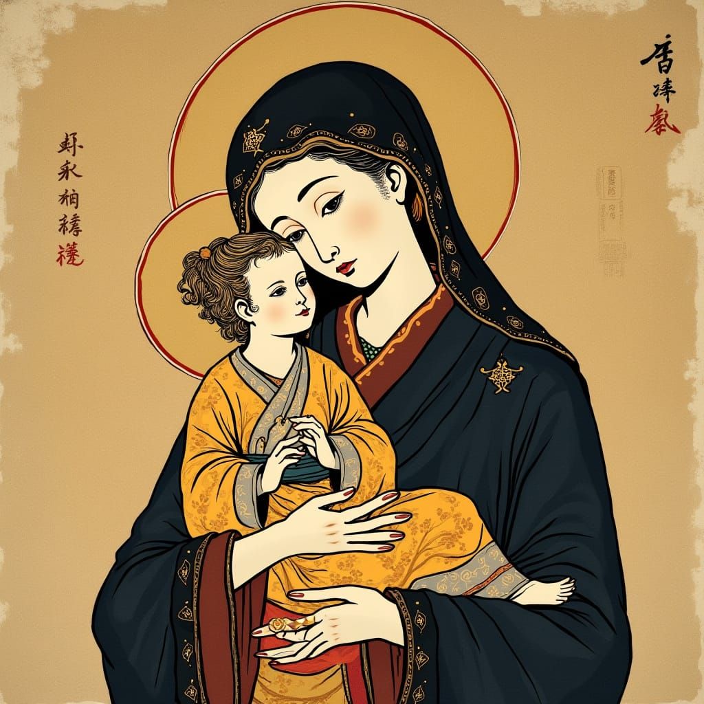 Theotokos and Christ in Ukiyo-e Japanese Woodblock Print