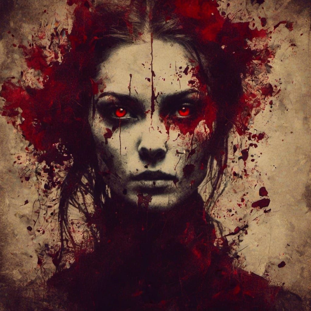 Macabre Silhouette of a Mysterious Woman with Red Eyes