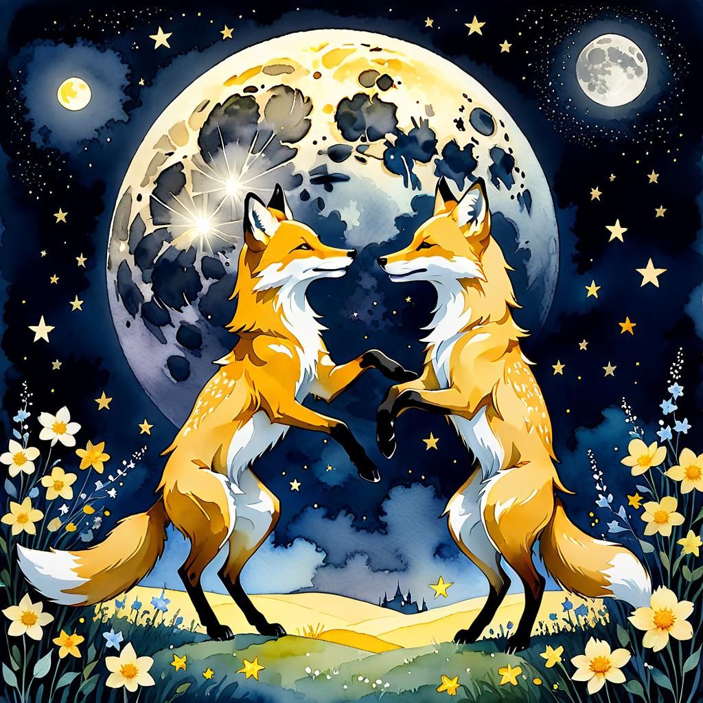 Moonlit Foxtrot in Watercolor Style