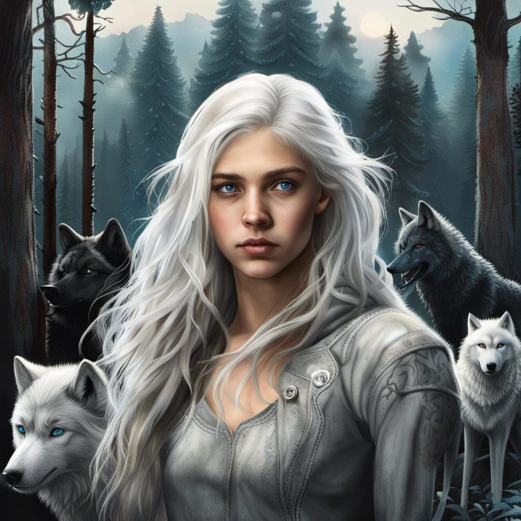 Teenage Girl in Forest with Wolves: Fantasy Art