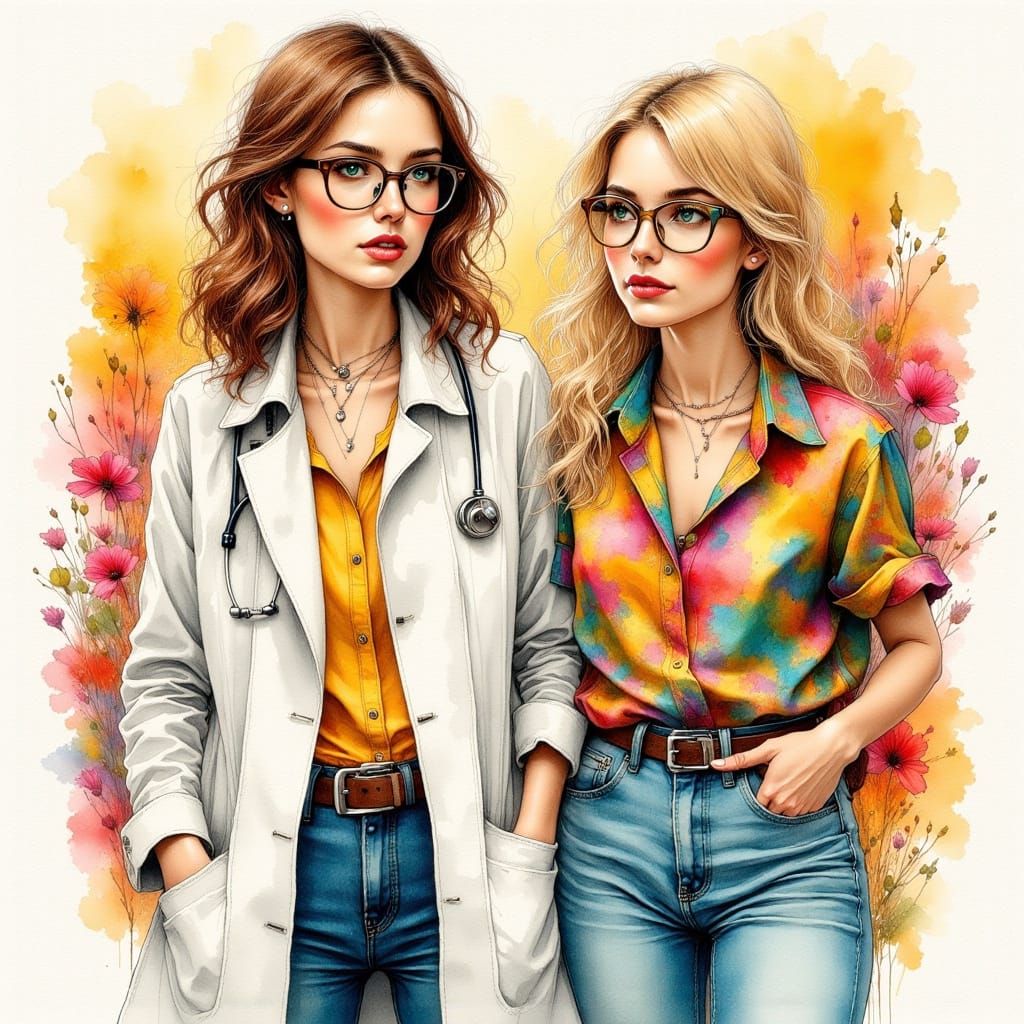 Vivid Ink Drawing of College Friends