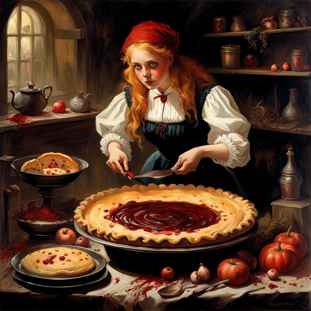 Grim Gothic Witch Baking Children in a Pie