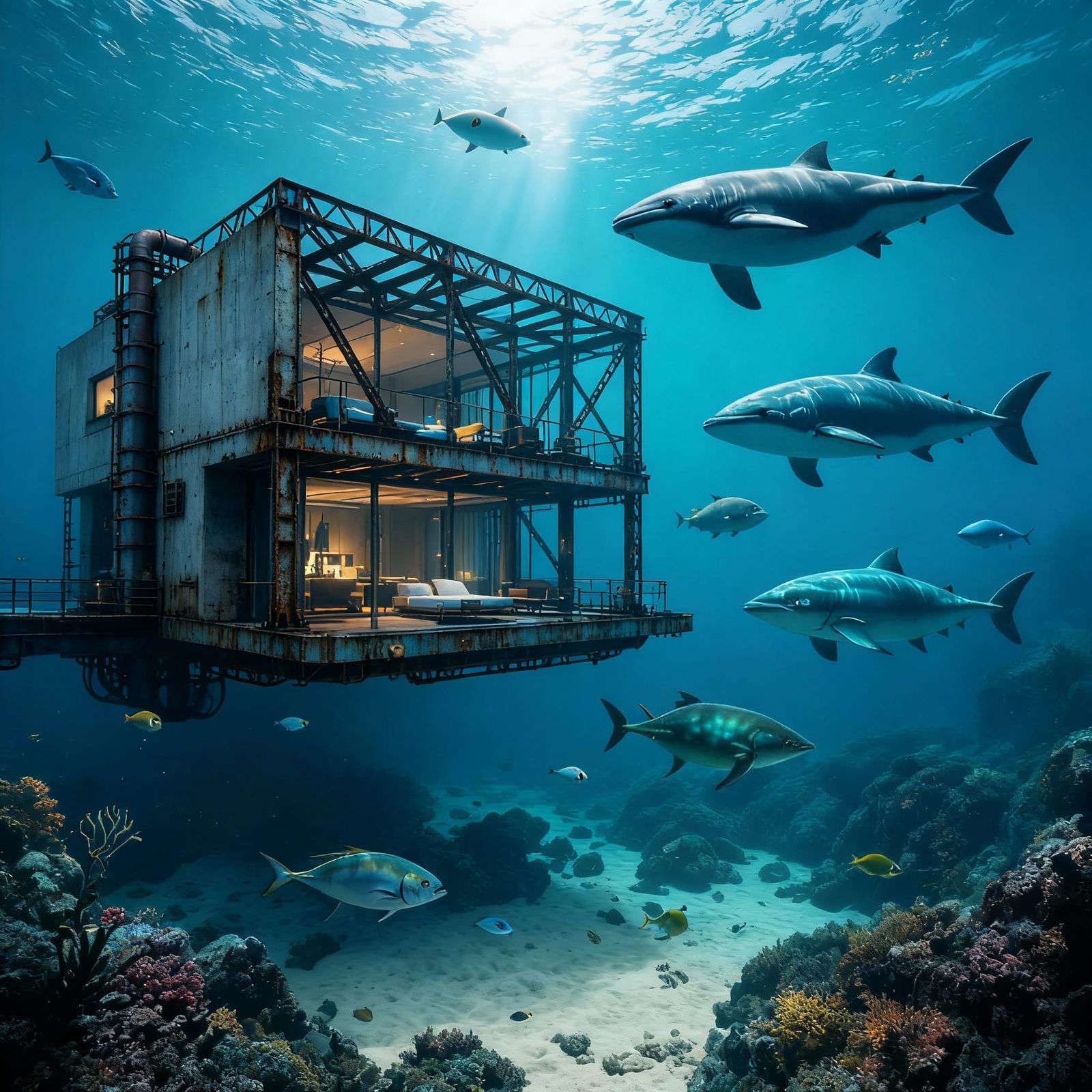 Underwater Hotel With Ocean Animals in Industrial Style