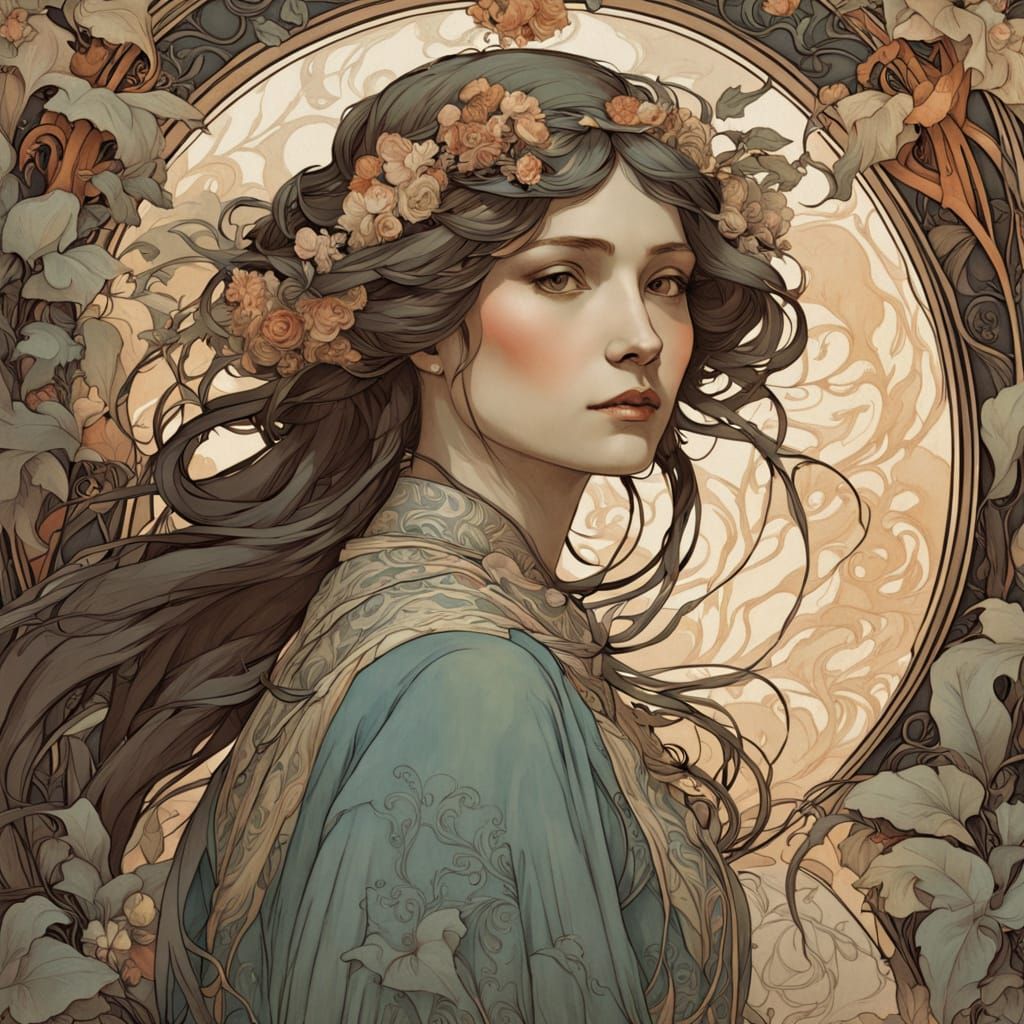 Luxurious Art Nouveau Portrait in Dark, Twisted Vines