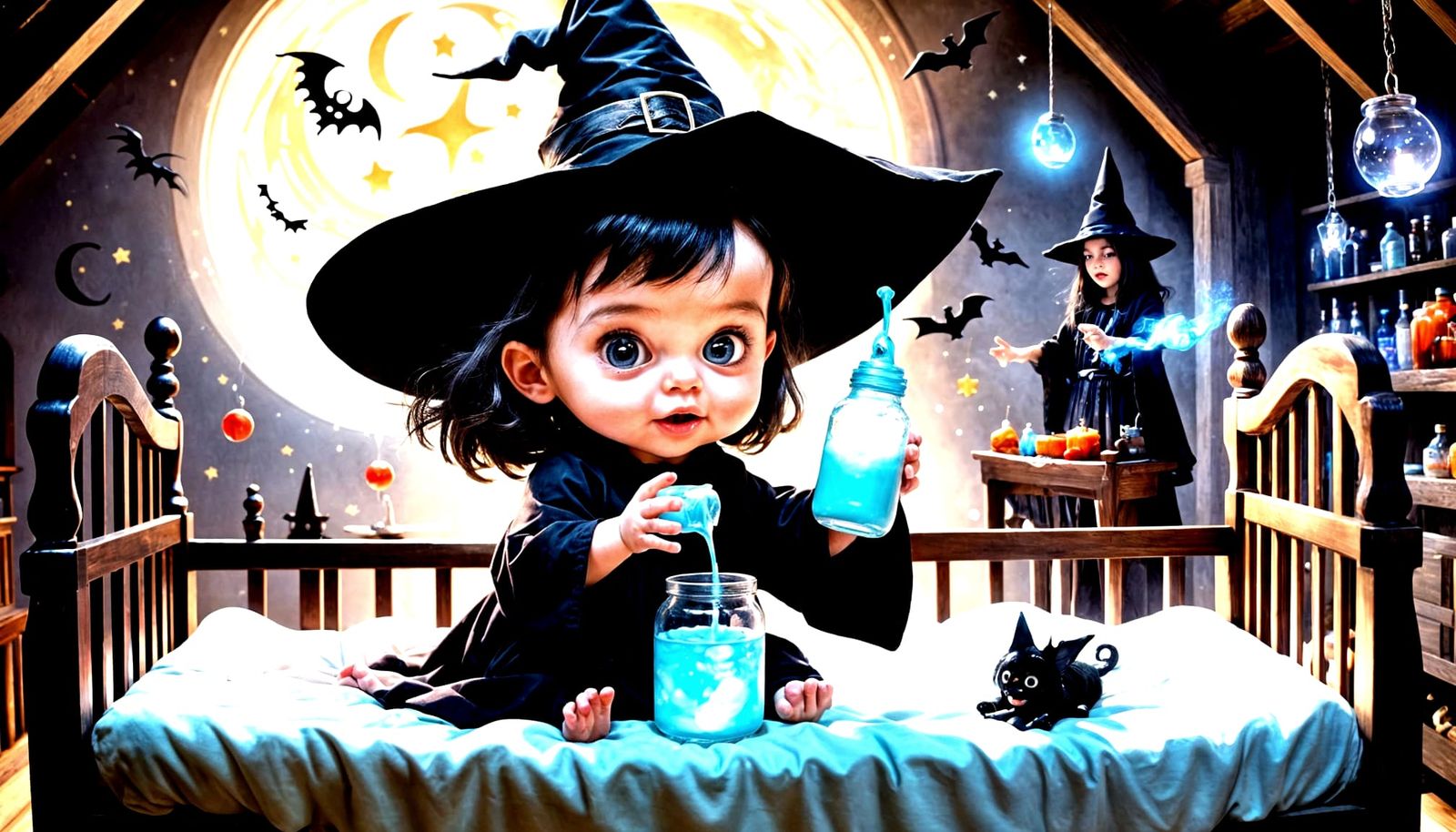 Adorable Baby Witch Summons Milk Bottle with Magic